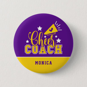 Cute Cheer Coach Personalized Purple & Yellow 6 Cm Round Badge