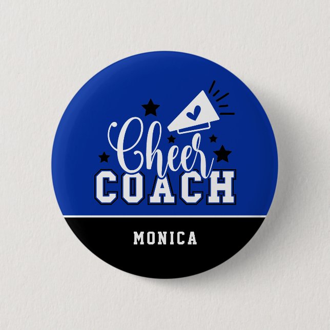 Cute Cheer Coach Personalized Royal Blue & Black 6 Cm Round Badge (Front)