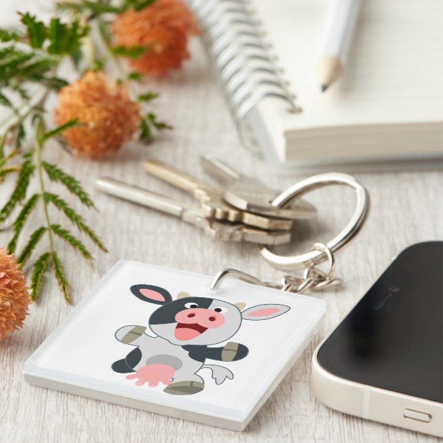 Cute Cheerful Cartoon Cow Acrylic Keychain (Front Right)