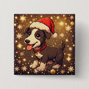 Cute Cheerful Christmas Puppy with Santa Hat 15 Cm Square Badge