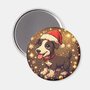 Cute Cheerful Christmas Puppy with Santa Hat Magnet