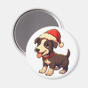 Cute Cheerful Christmas Puppy with Santa Hat Magnet
