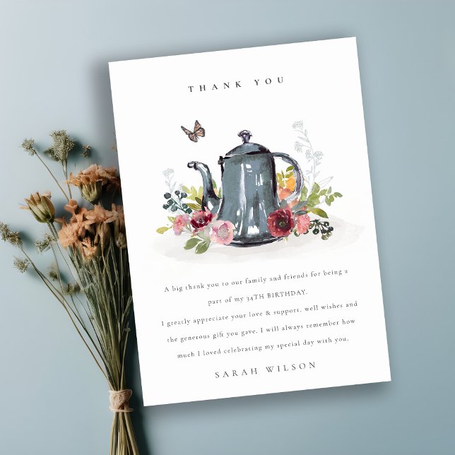 Cute Cheerful Roses Floral Teapot Any Age Birthday Thank You Card (Creator Uploaded)