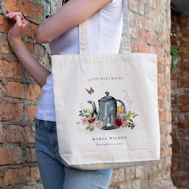 Cute Cheerful Roses Floral Teapot Any Age Birthday Tote Bag (Creator Uploaded)