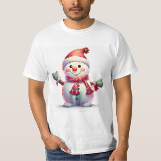 Cute Cheerful Snowman Wearing Santa Hat and Scarf T-Shirt