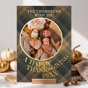 Cute Cheerful Thanksgiving Plaid Pattern Gold Foil Holiday Card