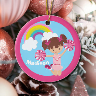 Cute Cheerleader Monogram Pink Kids Christmas Ceramic Tree Decoration