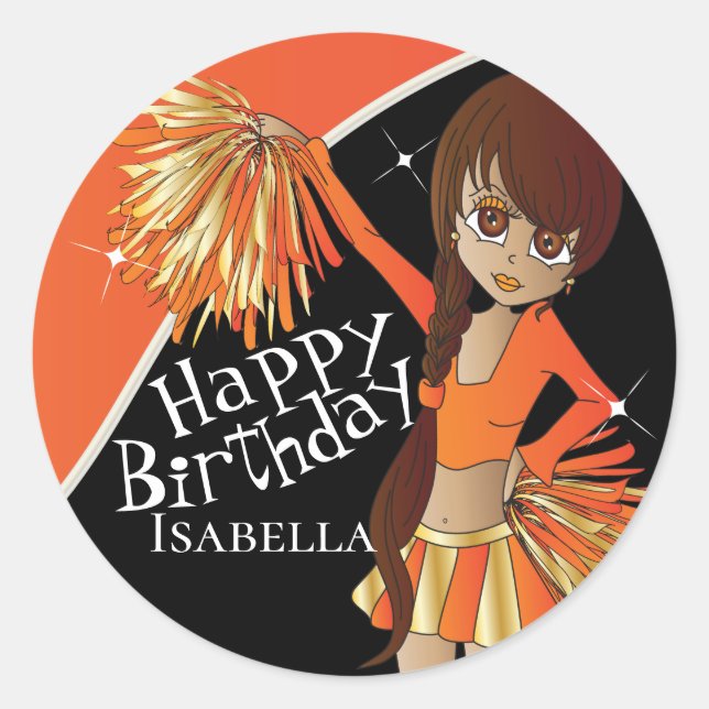 Cute Cheerleader Pom Pom Girls | Orange Classic Round Sticker (Front)