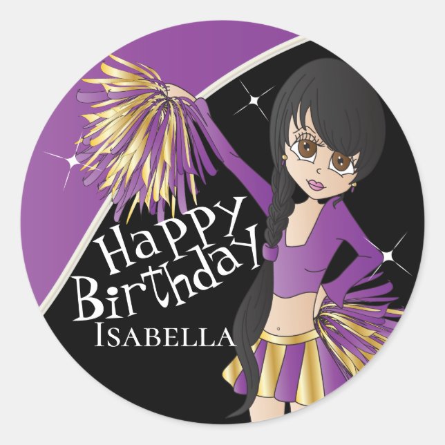 Cute Cheerleader Pom Pom Girls | Purple Classic Round Sticker (Front)