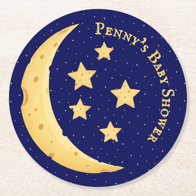 Cute Cheese Moon & Stars Personalised Celestial Round Paper Coaster (Front)