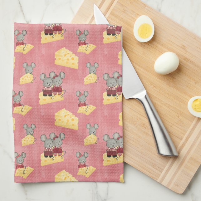 Cute Cheesy Mouse Family Pattern Tea Towel (Quarter Fold)