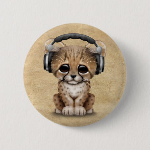 Cute Cheetah Cub Dj Wearing Headphones 6 Cm Round Badge