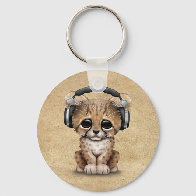 Cute Cheetah Cub Dj Wearing Headphones Key Ring (Front)