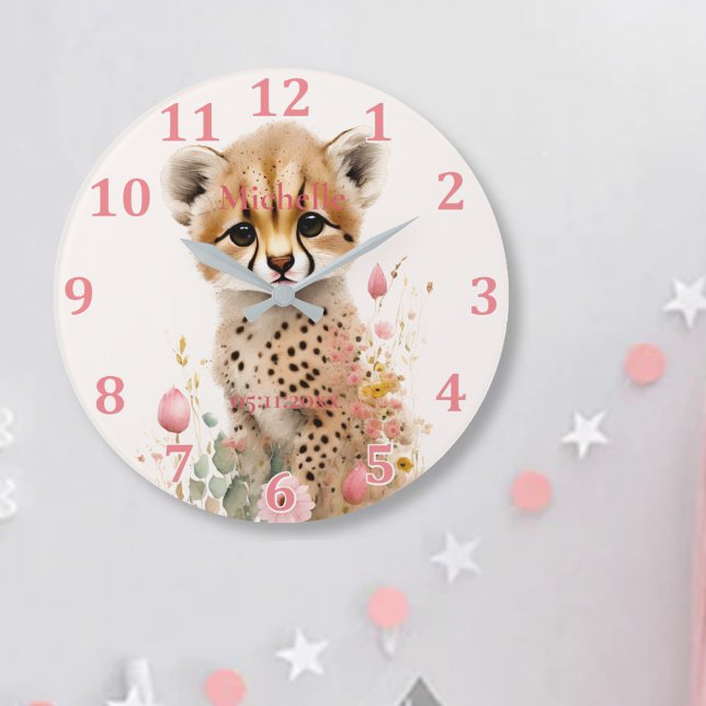 Cute Cheetah Cub Pastel Watercolor Spring Flowers Large Clock (Creator Uploaded)