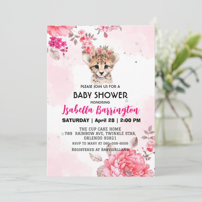 Cute Cheetah cub pink flowers baby shower girls Invitation (Standing Front)