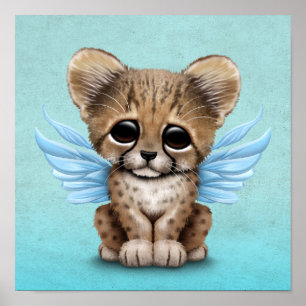 Cute Cheetah Cub with Fairy Wings on Blue Poster