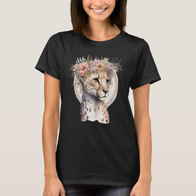 Cute Cheetah Flower Crown Boho Aesthetic T-Shirt (Front)
