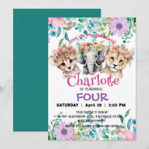 Cute cheetah Lion jungle Animals Birthday Floral Invitation