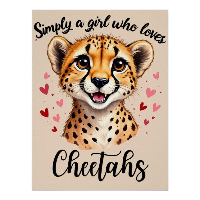 Cute Cheetah Lover Wildlife Art with Heart Accents Poster (Front)