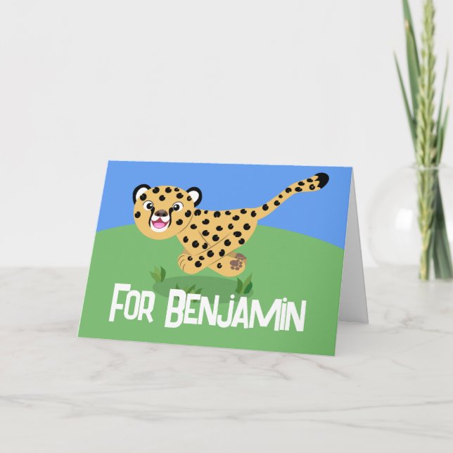 Cute cheetah running cartoon birthday card (Front)