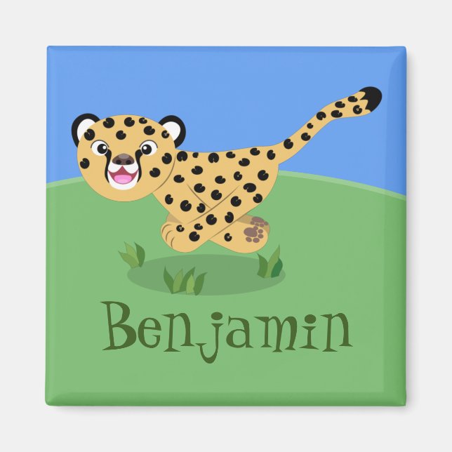 Cute cheetah running cartoon illustration magnet (Front)