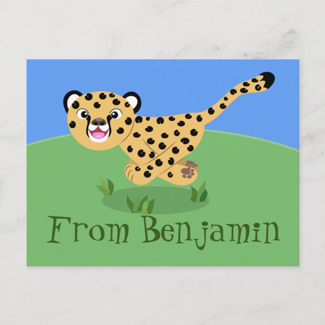 Cute cheetah running cartoon illustration postcard (Front)