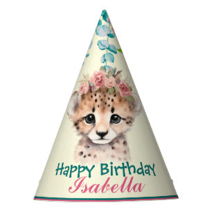 cute Cheetah safari animals jungle Flower Birthday Party Hat