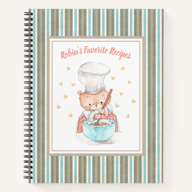 Cute Chef Bear Watercolor Illustration Recipe Notebook (Front)