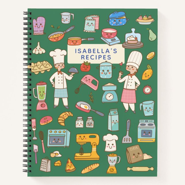 Cute Chef Cartoon Green Personalised Recipe Notebook (Front)