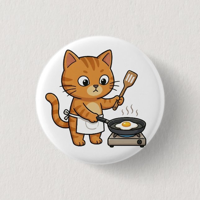 Cute Chef Cat Frying Egg Button (Front)