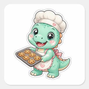 Cute Chef Dinosaur Baking Cookies Square Sticker