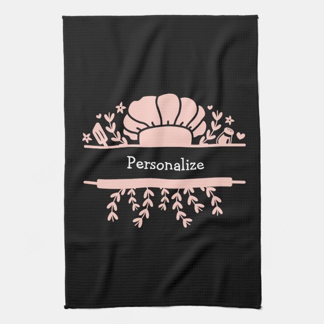 Cute Chef Hat Rolling Pin Baker Pink Black Tea Towel (Vertical)