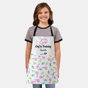 Cute chef in training dinosaurs watercolor pattern apron