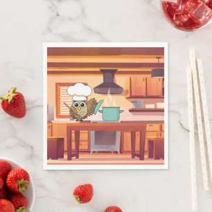 Cute Chef Owl Cooking in Kitchen Napkin