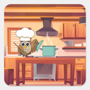 Cute Chef Owl Cooking in Kitchen Square Sticker