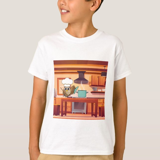 Cute Chef Owl Cooking in Kitchen T-Shirt (Front)
