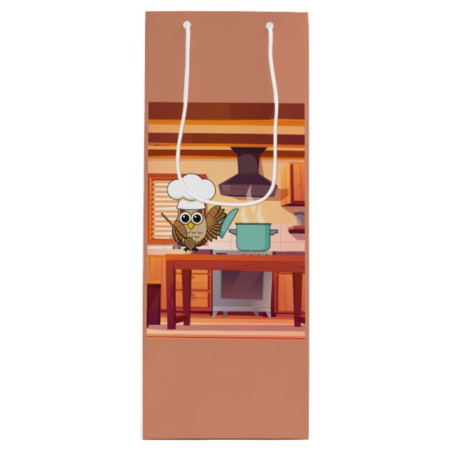 Cute Chef Owl Cooking in Kitchen Wine Gift Bag (Front)
