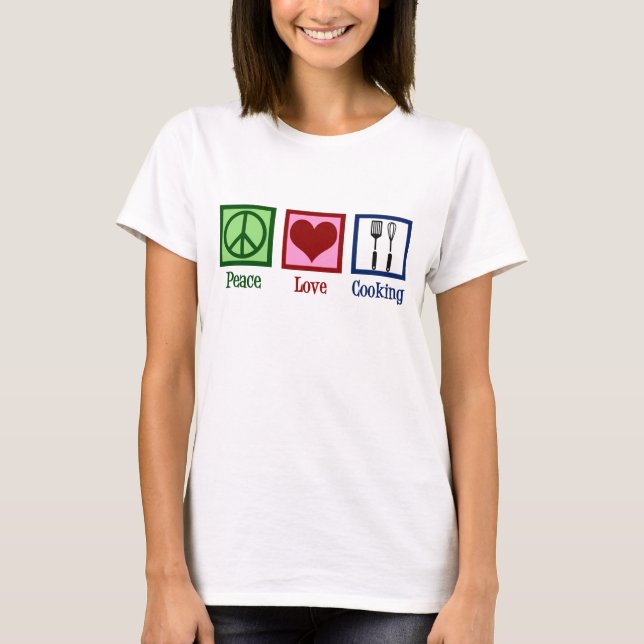 Cute Chef Peace Love Cooking Utensils T-Shirt (Front)
