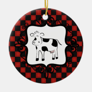 Cute Chequerboard Cow Whimsical Animal Ceramic Tree Decoration