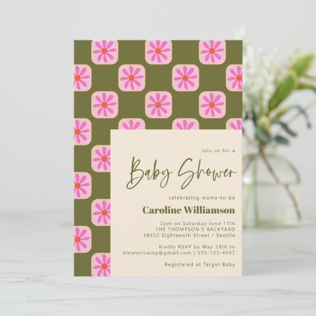 Cute Chequerboard Flower Green Pink Baby Shower Invitation (Standing Front)