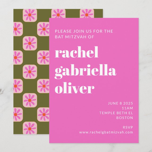 Cute Chequerboard Flower Green Pink Bat Mitzvah Invitation (Front/Back)