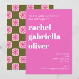 Cute Chequerboard Flower Green Pink Bat Mitzvah Invitation