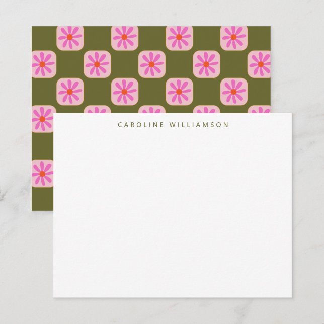 Cute Chequerboard Flower Green Pink Personalised  Card (Front/Back)