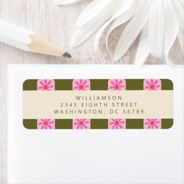 Cute Chequerboard Flower Green Pink Return Address (Insitu)