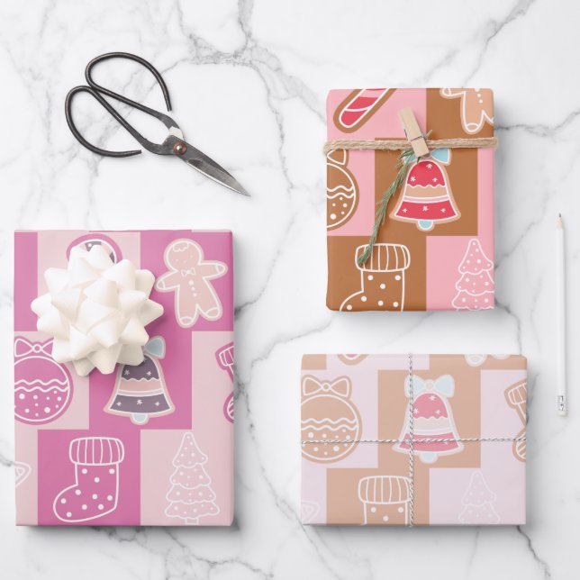 Cute Chequerboard Holiday Pink and Brown Christmas Wrapping Paper Sheet (Front)