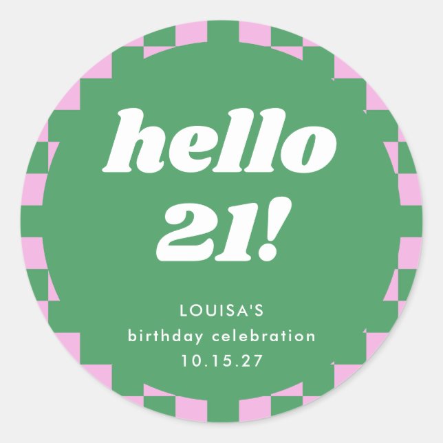 Cute Chequerboard Pink Green 21st Birthday Custom Classic Round Sticker (Front)