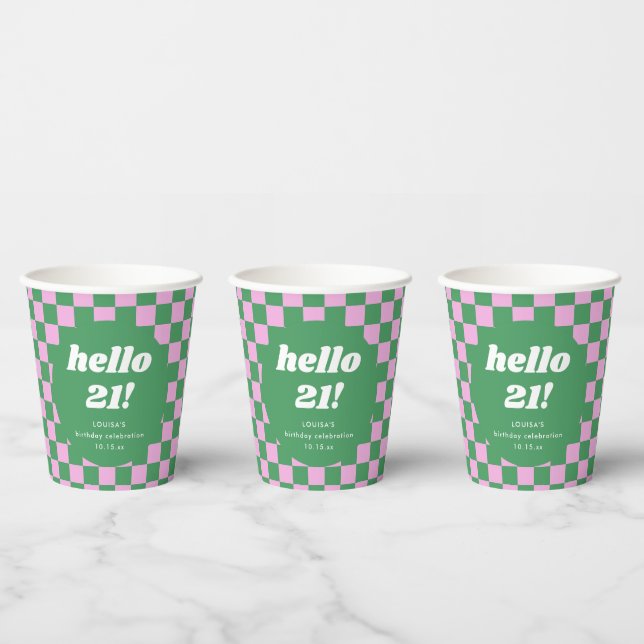 Cute Chequerboard Pink Green 21st Birthday Custom Paper Cups (Multi)