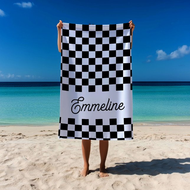 Cute Chequered Black and White Custom Name Beach Towel (Creator Uploaded)