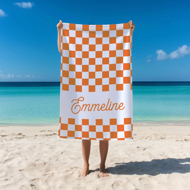 Cute Chequered Custom Name Orange Summer Pool Beach Towel (Creator Uploaded)