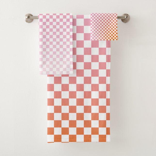 Cute Chequered Pink Orange Summer Bath Towel Set (Insitu)